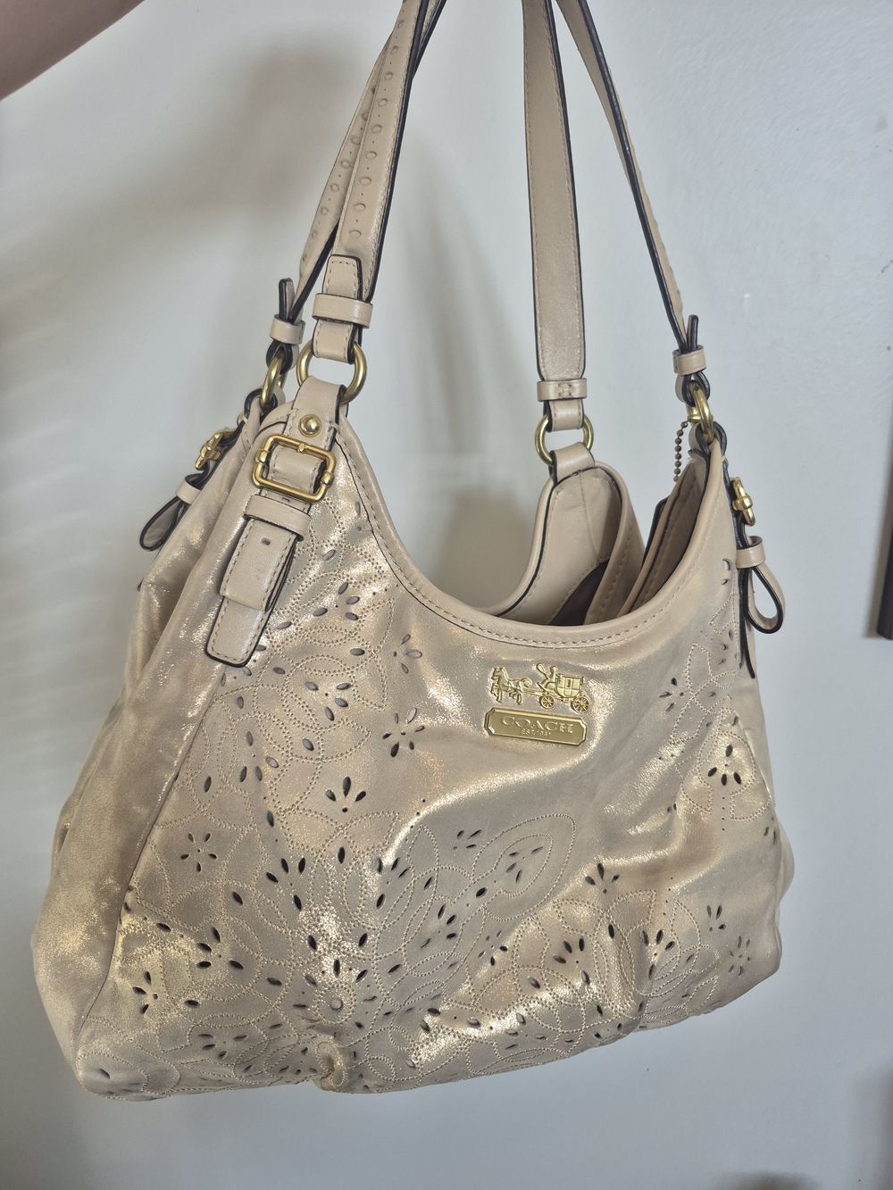 Coach Iridescent Beige Leather Hobo Bag | Floral Cutout | Purple Satin Lining |
